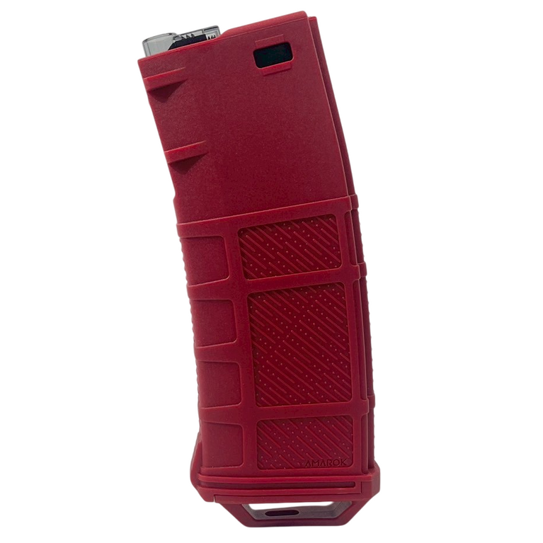 Amarok 250-round polymer mid cap magazine for M4/AR-15 rifles, shown in red, designed for reliable firearm ammunition feeding.