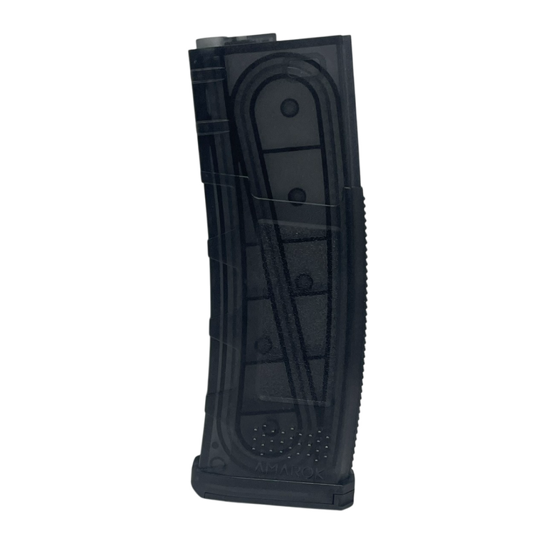 Amarok 160-round fast feed M4 mid-cap magazine in transparent smoke for firearm magazines, showing the magazine's design and capacity.