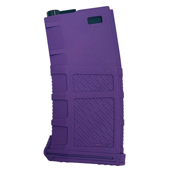 Amarok AM190 fast feed mid-cap short M4 magazine in purple, showing the textured exterior and open top design.