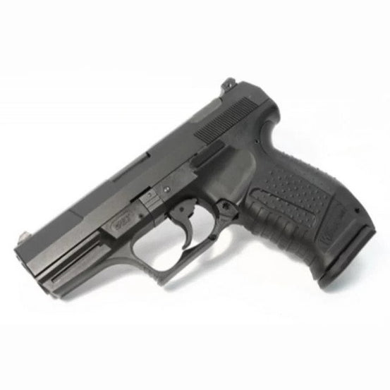 Close-up of the WE P99 "God of War" GBB airsoft pistol showing detailed black metal frame and textured grip.