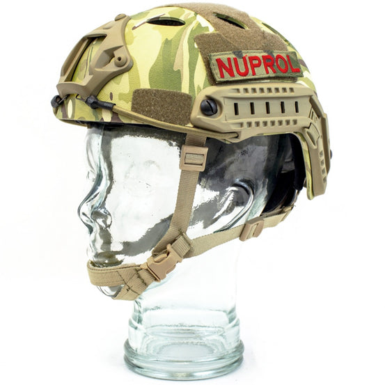 Nuprol FAST Railed Helmet in camo camouflage with adjustable straps and rail system for tactical gear.