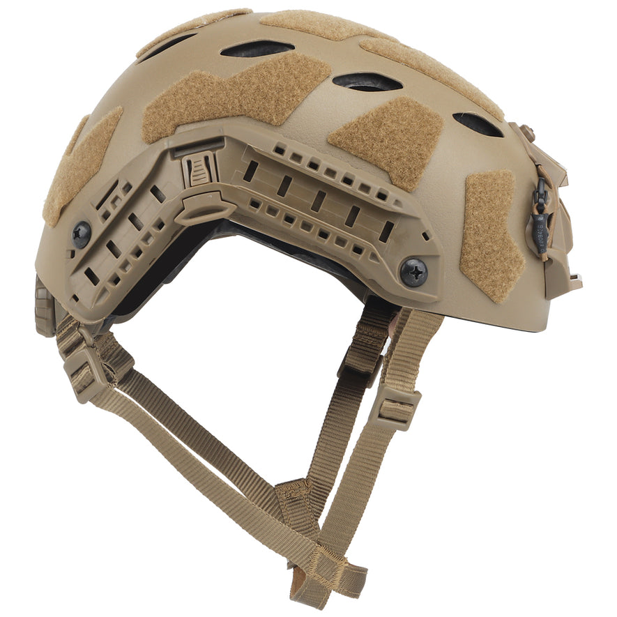 Nuprol FAST Railed SF-AIR helmet in tan with tactical rails and adjustable straps, designed for airsoft and tactical use.