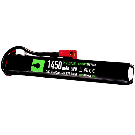 Nuprol 1450mAh 11.1v 30c LiPo battery with Deans connector, showcasing the compact design and label details.
