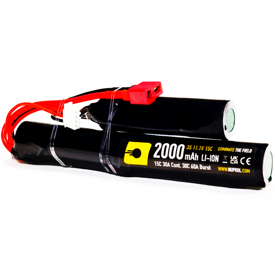 Nuprol Li-Ion Battery 2000mAh 11.1v 15c with Deans connector for airsoft and RC models, shown in the image.