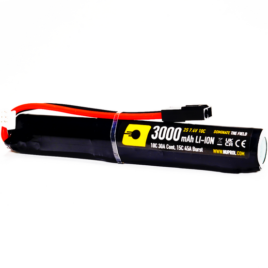 Nuprol 3000mAh 7.4v 10c Li-Ion battery with Small Tamiya connector, featuring a compact design for airsoft use.