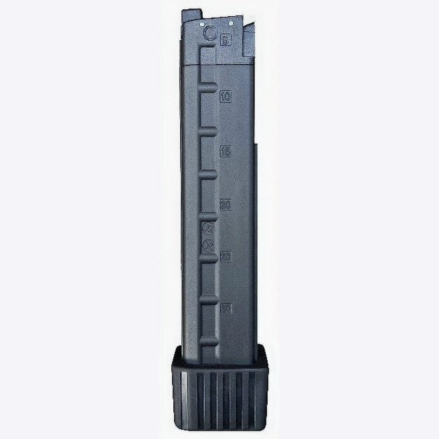 B&T Air APC9 30R GBB magazine with gas fill valve, showcasing glossy black finish and ridged design for grip.