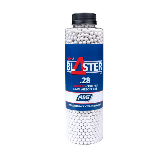 ASG Alpha Blaster 0.28g airsoft BBs in a 3300-piece bottle, lightweight and suitable for airsoft guns.