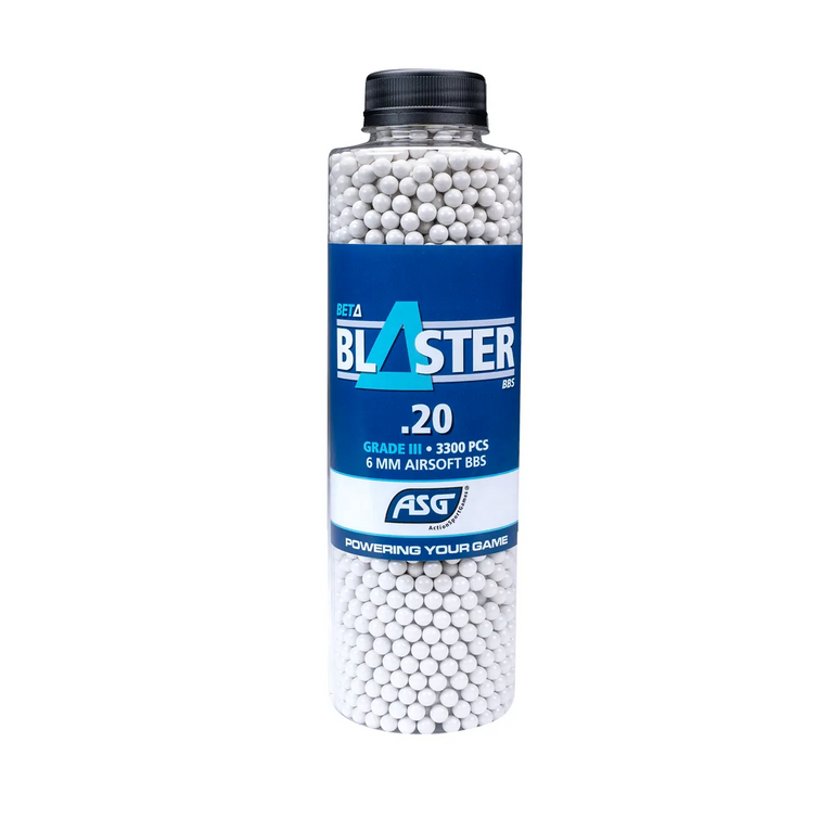 ASG Beta Blaster 0.20g BBs, 3300-piece box, high-quality airsoft ammunition for BB guns, shown in a drop-ready container.