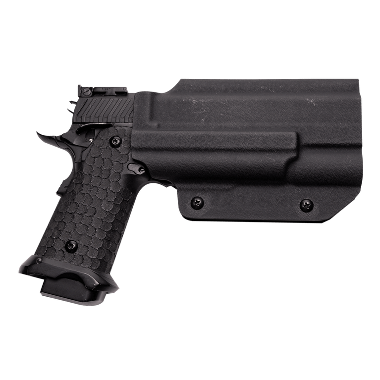 Kydex Customs Pro Series light-bearing Hicapa holster in black with adjustable retention for tactical firearm carrying.