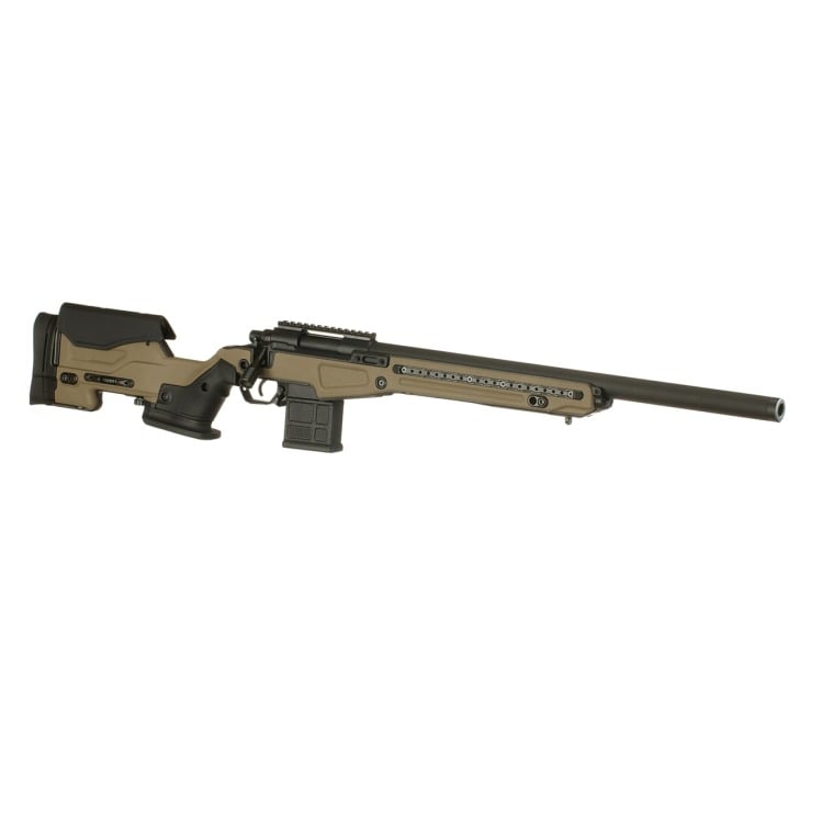 Action Army AAC T10 FDE spring bolt action sniper rifle with sleek design and tactical features in a neutral background.