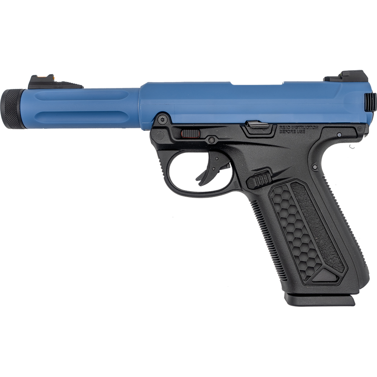 Action Army AAP-01 GBB pistol in blue, showcasing its full/semi-auto features and sleek design.