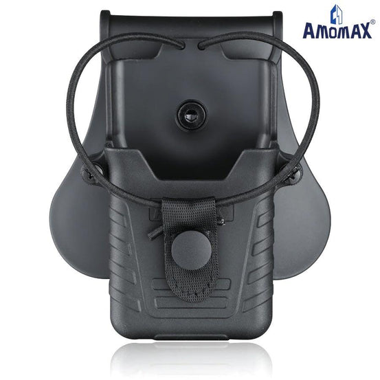 Black Amomax radio holster designed for Baofeng and Motorola radios, with secure belt clip and durable construction.