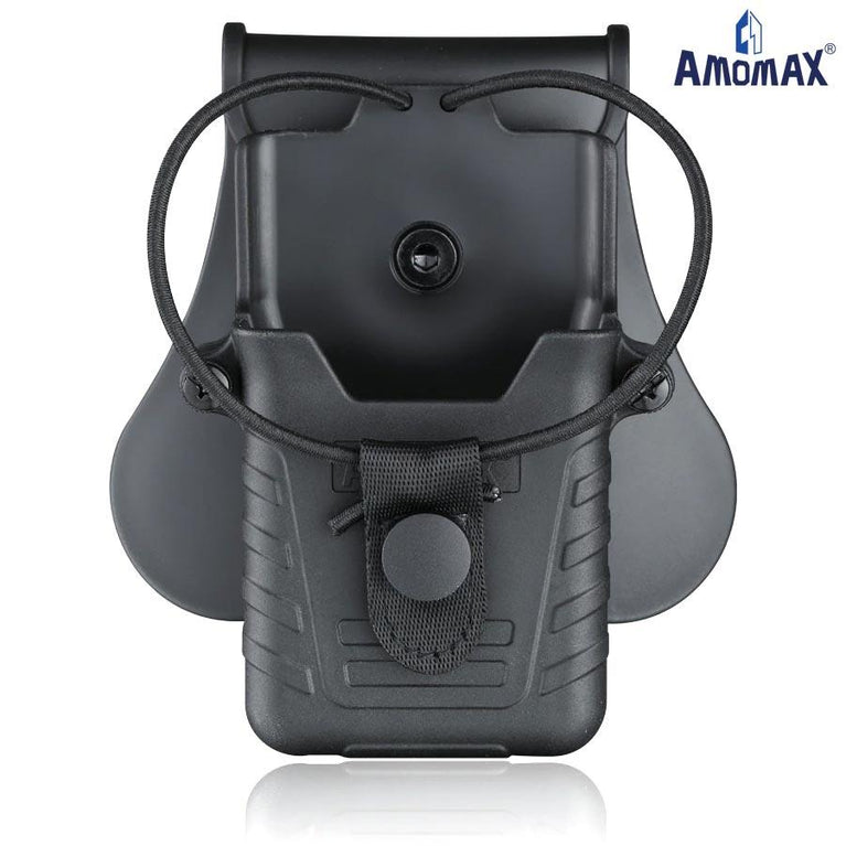 Black Amomax radio holster designed for Baofeng and Motorola radios, with secure belt clip and durable construction.