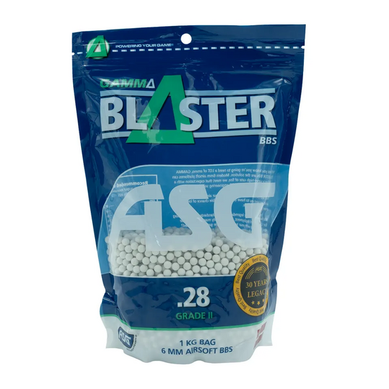 ASG Gamma Blaster 0.28g BBs, 1kg bag of high-quality airsoft ammo, round plastic projectiles for airsoft guns.