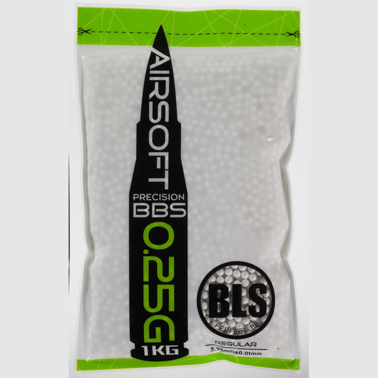 BLS 0.25g Precision Grade white ammunition drop with 1kg weight, showcasing the compact, precise projectiles from the BLS brand.