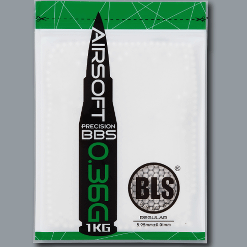BLS 0.36G Precision Grade 1kg white BBs for airsoft guns, showing a container of small, white plastic pellets.