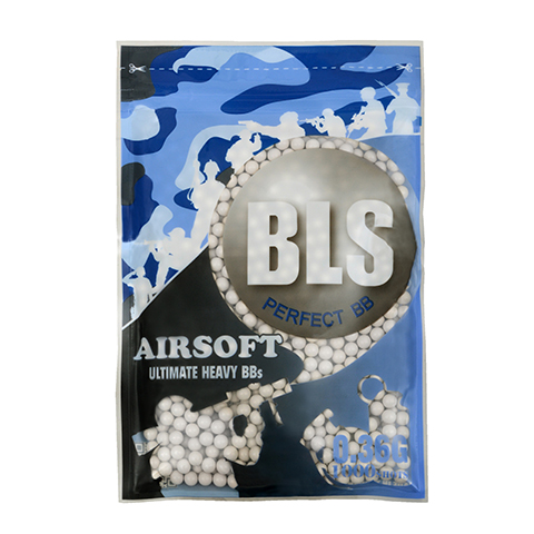 BLS 0.36g Ivory heavy BBs in a 1000-count bag, designed for airsoft guns, shown in a close-up image.