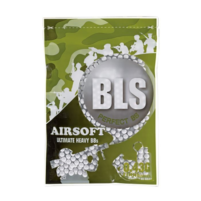BLS 0.43g airsoft BBs in a 1000-round bag, small round plastic pellets for airsoft guns, shown spilling from the bag.