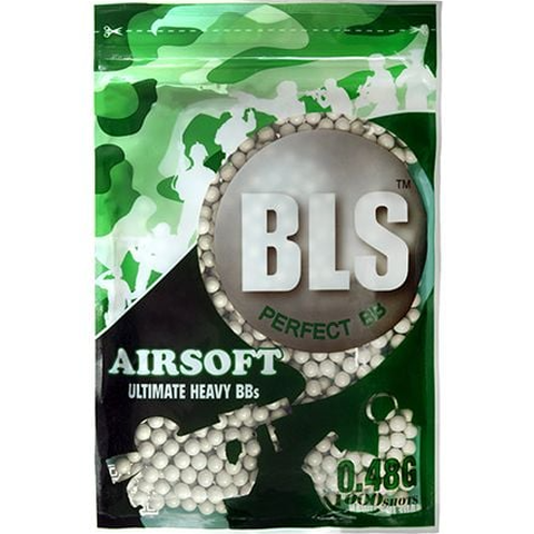BLS 0.48g Ultimate Heavy BBs in ivory color, 1000 bags, designed for airsoft guns, shown spilling from a container.