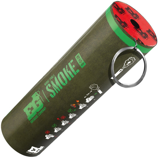 Green Enola Gaye WP40D Wire Pull Smoke Grenade with single vent, emitting green smoke for approximately 60 seconds.