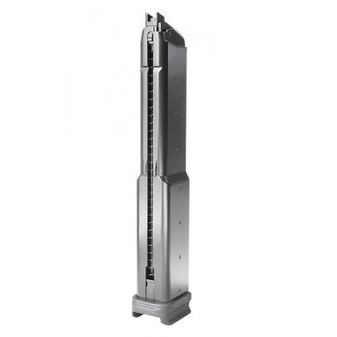 G&G Armament 50-round extended gas magazine for SMC9 and GTP9 pistol, shown with ammunition drop in the image.