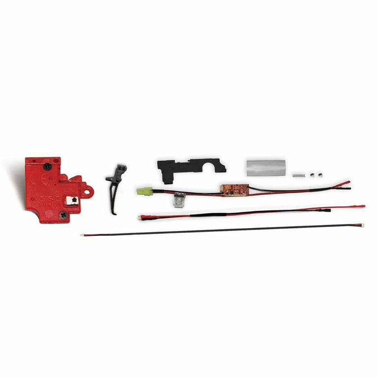 G&G Armament ETU 2.0 and Mosfet 3.0 with vertical trigger for Ver.II gearbox, rear wired, shown on a gear mechanism.