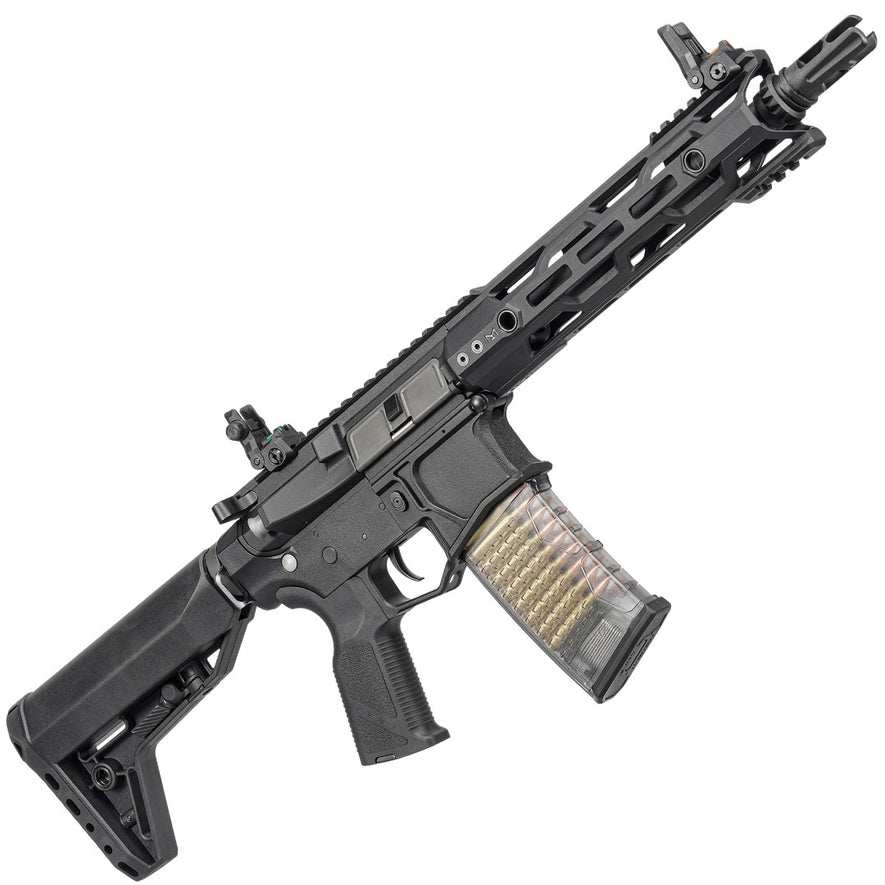 G&G CM16 Stealth 556 Combat Machine AEG airsoft rifle with black polymer stock and metal barrel, close-up view.