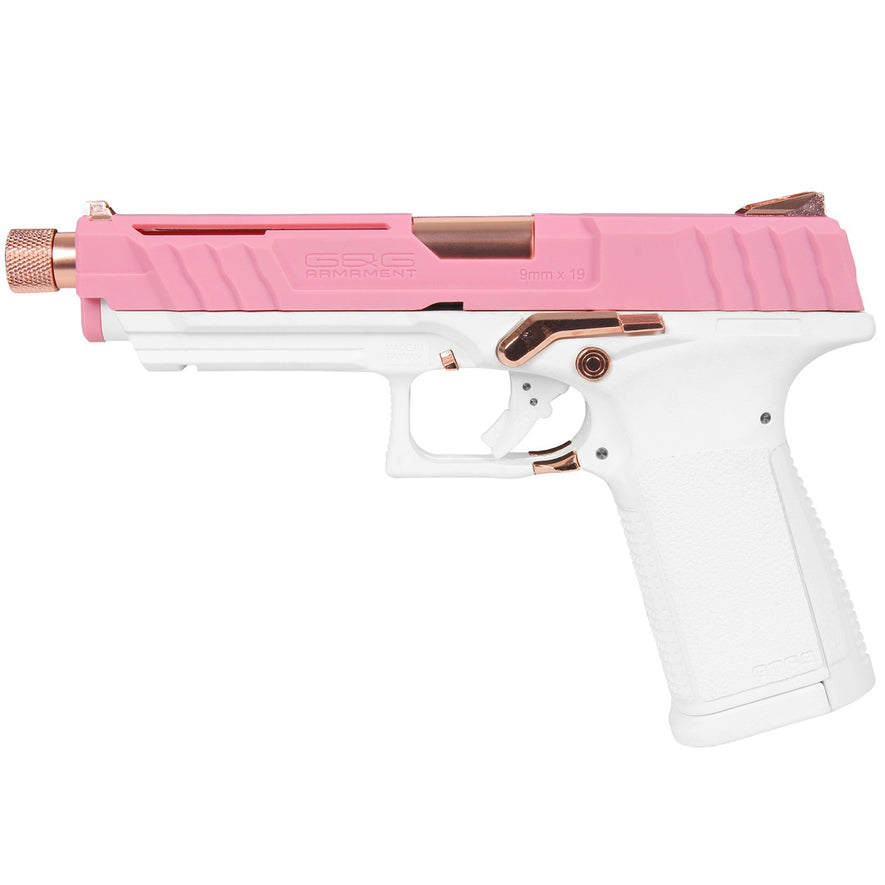 G&G GTP9 GBB pistol in rose gold with pink and white accents, shown from the side with textured grip and slide details.