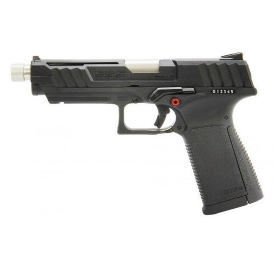 Black G&G GTP9 gas blowback airsoft pistol with textured grip and slide detail, positioned on a neutral background.