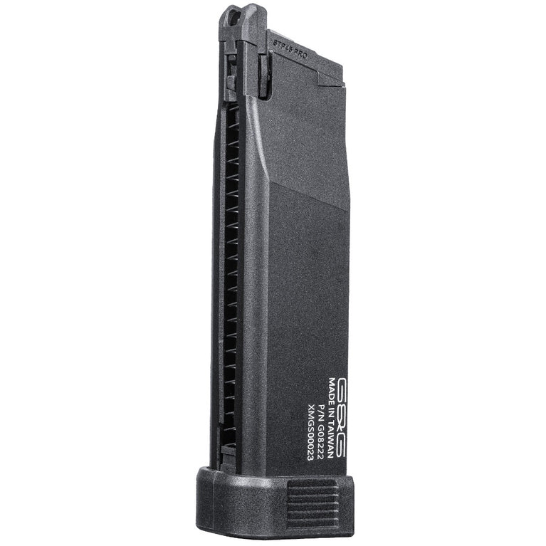 G&G Armament STP45 GAS 30R Magazine for airsoft guns, black metal with follower and feed lips visible in the image.