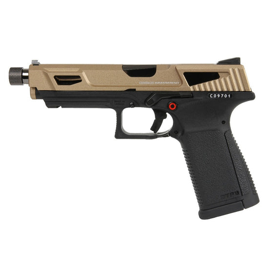 G&G GTP 9 MS GBB pistol with desert tan and black finish, showcasing the compact design and textured grip of the airsoft gun.