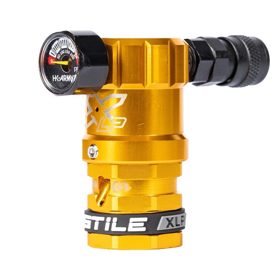 HK Army Hostile XLP Regulator in gold with side port, showcasing sleek design and durable construction.