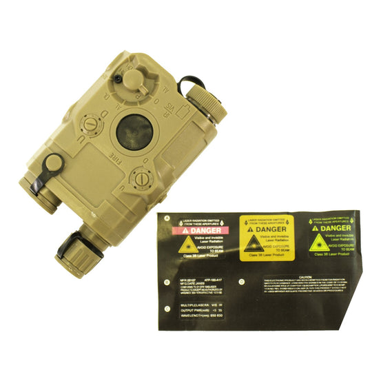 Nuprol Mock NPQ15 Battery Box in tan with stickers, showing a compact, rugged plastic storage case for batteries.