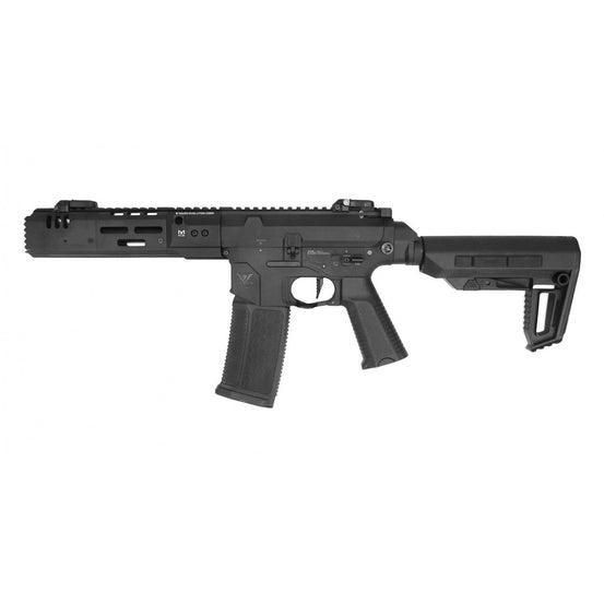 Black Raven Evolution EVO Rebel P9 M4 air rifle with scope and tactical stock, shown in side view.