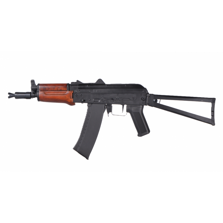 Raven Evolution ORE AKS74U AEG airsoft gun with real wood stock and tactical design, shown from a side angle.