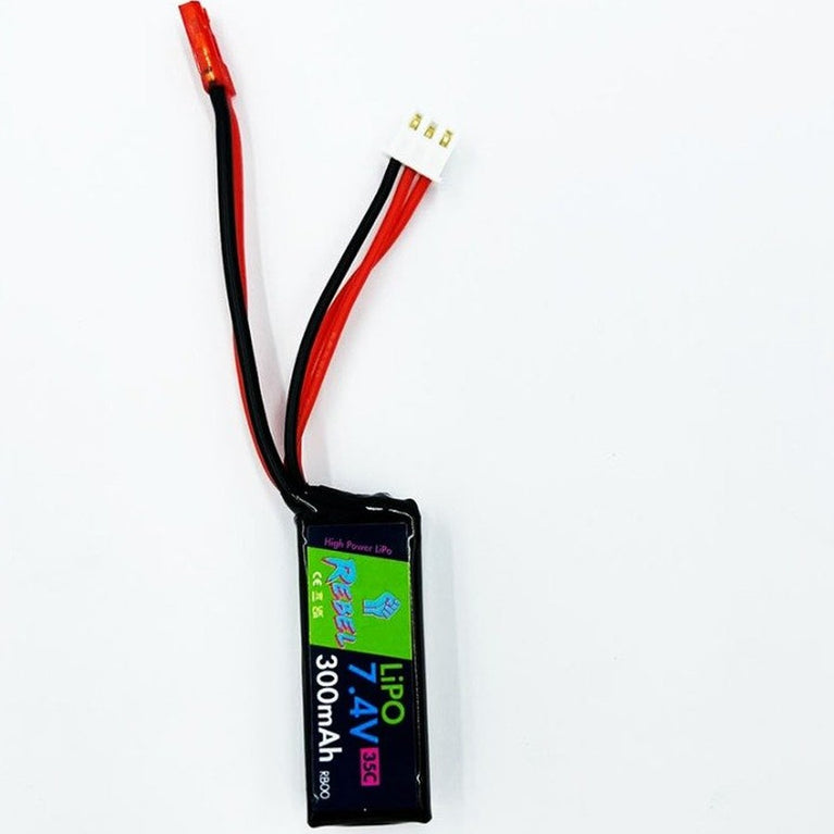 Rebel Battery HPA Micro 7.4V 35C 300mAh lithium polymer battery with JST connector for RC models.
