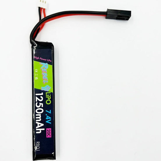 Rebel 1250mAh 7.4V 20C LiPo stick battery with Mini Tamiya connector for RC cars and drones.