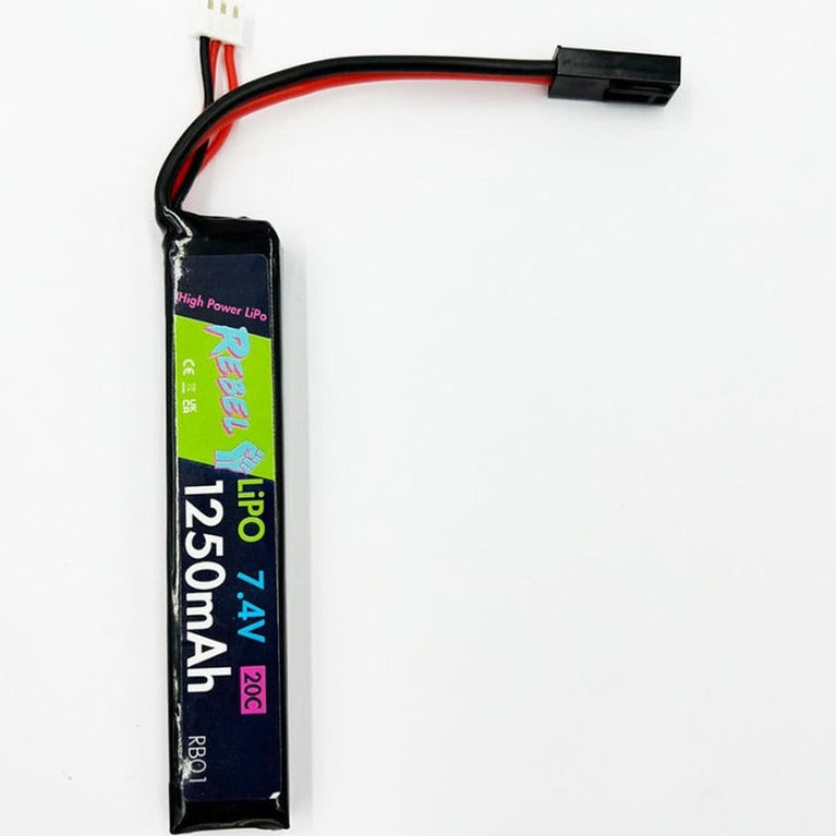 Rebel 1250mAh 7.4V 20C LiPo stick battery with Mini Tamiya connector for RC cars and drones.