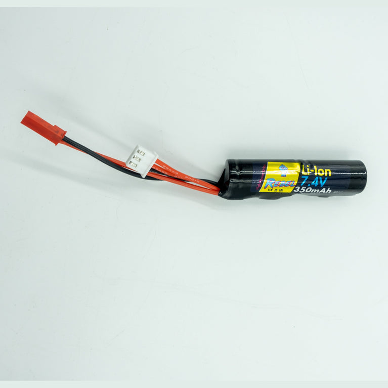 Rebel 350mAh Li-lon 7.4V HPA Micro battery with JST connector, showcasing compact design and detailed specifications.