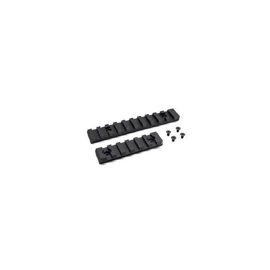 Action Army AAP01 airsoft rifle upper and lower rail set installed on the gun for enhanced attachment points.
