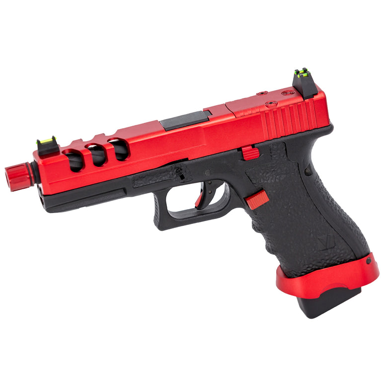 Vorsk EU7-V GBB airsoft pistol in red and black with textured grip and metal slide, designed for realistic airsoft gameplay.