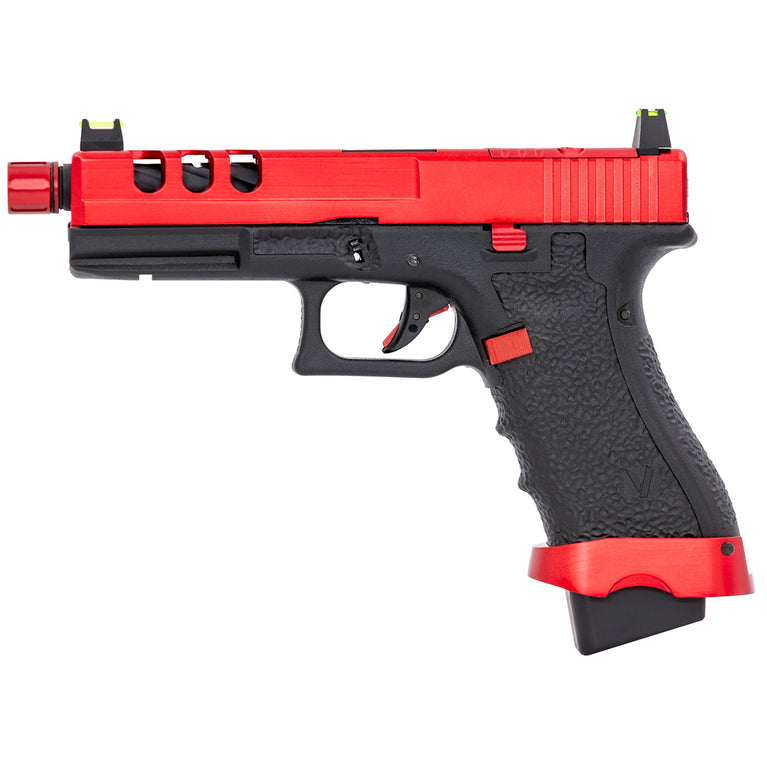 Vorsk EU7-V GBB pistol in red and black with textured grip and metal barrel, designed for airsoft gameplay.
