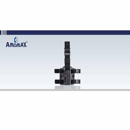 Black Amomax Drop Leg Holster Platform Mount showing adjustable straps and secure attachment for tactical gear.