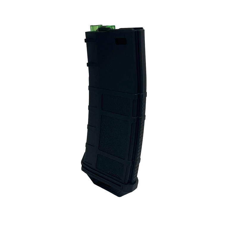 Amarok 250-round polymer mid-cap magazine for M4/AR-15, black with green top, designed for AEG airsoft rifles.