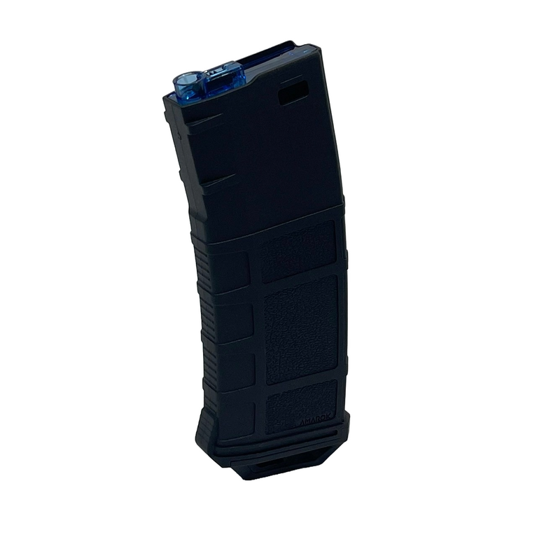 Amarok black and blue 250rnd polymer mid cap magazine for AEG, compatible with M4/AR-15 airsoft rifles.