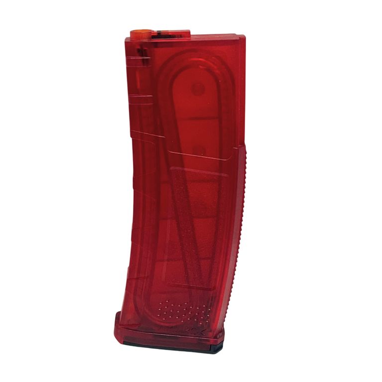 Amarok 160-round fast feed M4 mid-cap magazine in transparent red for high-capacity firearm ammunition storage.