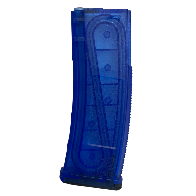 Amarok 160-round fast feed M4 mid-cap magazine in transparent blue for rifles, showcasing the magazine's design and capacity.