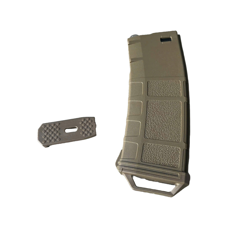 Amarok 250-round polymer mid-cap magazine for M4/AR-15, in FDE and smoke top colors, designed for AEG airsoft rifles.