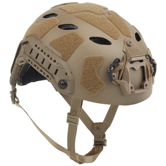 Nuprol FAST Railed SF-AIR Helmet in tan with tactical rails and padding, designed for airsoft or airsoft-style tactical use.