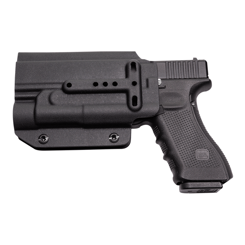 Black Kydex Customs Pro Series holster designed for light-bearing Glock with TLR-1 attachment.